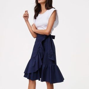 LOFT Outlet Faux Wrap Ruffle Navy Blue Midi Skirt